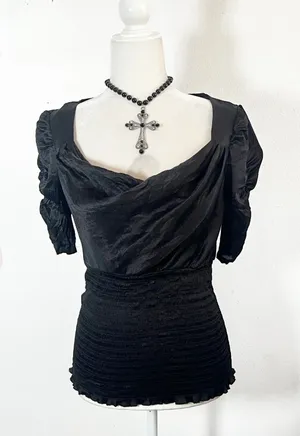 Vtg Bebe Babydoll Top Women's‎ Medium Black Smocked Gothic Y2K 2000s thumbnail 1