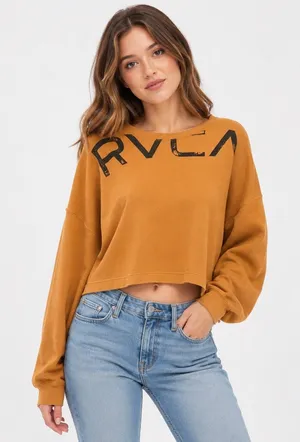 RVCA Pullover Sweatshirt Large Mustard Yellow Cropped Graphic Logo Boxy Fit thumbnail 1
