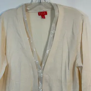 Elle Cream Sequin Trim Button Front Cardigan Sweater XL Ivory 3/4 Sleeve‎ thumbnail 3