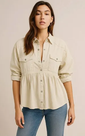 We The Free by‎ Free People "Dylan" Peplum Cotton Denim Shacket – Women's Large thumbnail 1