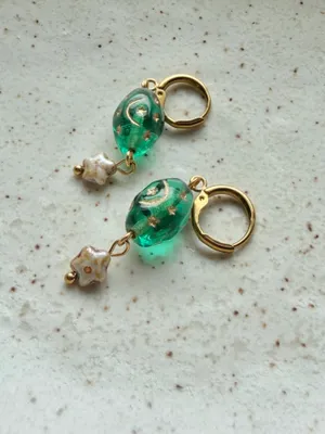 Handmade boho vintage goth grunge fairy whimsical style quality Czech glass moon/star beads stainless earrings🌝🌠💚⭐️ thumbnail 6