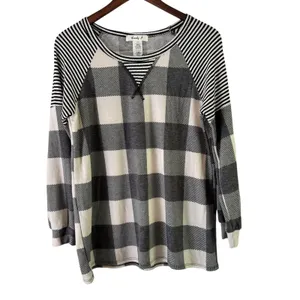 Lovely J Buffalo‎ Plaid Raglan Top Striped Sleeve Comfy Pullover Small thumbnail 6