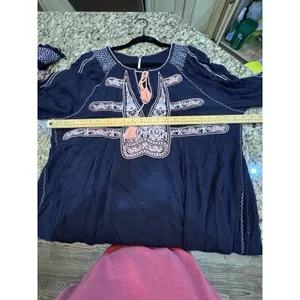 Free People Wind Willow Bohemian Peasant Mini Dress Size Large Navy Embroidered thumbnail 8