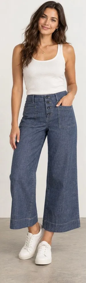 EVEREVE Women’s 29 Blue Chambray Wide Leg Crop Pants Button Fly Patch Pockets thumbnail 1