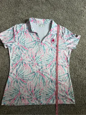 Yatta Golf Women’s M Pink Teal Tropical Palm Print Polo Shirt 19/24 Logo thumbnail 7