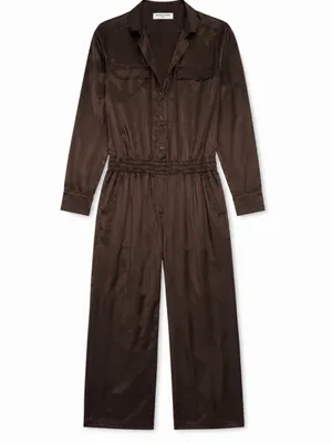Amanda Uprichard Felix Long-Sleeve Satin Jumpsuit in Cocoa Brown Size Medium thumbnail 3