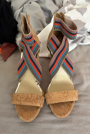 Jessica Simpson Cork Wedge Sandals with Blue, Red, Black Straps thumbnail 1