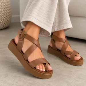 Inuovo Brown Leather Platform Sandals Strappy Flatform Toe Loop Womens 40 thumbnail 1