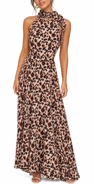 Shein Leopard Print Halter Maxi Dress Brown Tan Open Back Sleeveless Medium thumbnail 1