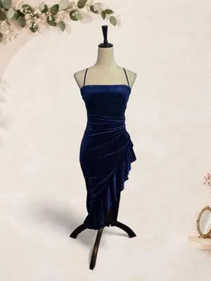 Emerald Sundae XS Navy Blue Glitter Velvet Ruched Ruffle Asymmetric thumbnail 2