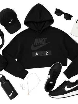 Nike Air Cropped Fleece Hoodie Black Women’s Medium Oversized Athleisure in EUC thumbnail 1