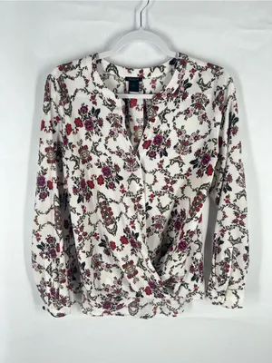 Ann Taylor White Floral Wrap-Style Blouse with‎ Pink & Red Blooms thumbnail 1