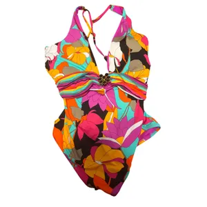 Trina Turk Gemini Plunge One Piece‎ Swimsuit Multicolor Black Hardware NWT 14 thumbnail 2