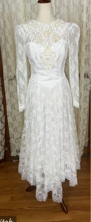 Fabulous Vintage 90s Jessica McClintock Handkerchief Hem Lace Wedding Dress thumbnail 1