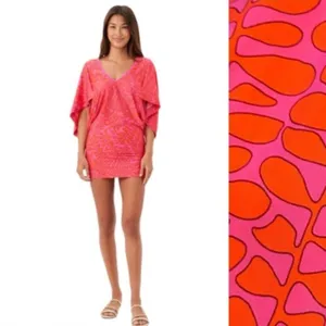 Trina Turk Pink Orange Print Stretch Swim Vneck Popover Coverup L thumbnail 2