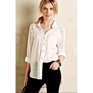 Anthropologie HOLDING HORSES White Lace Sleeve Buttondown‎ Shirt Top Lacey Small thumbnail 4