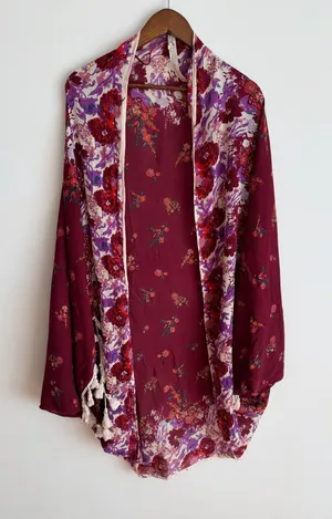 Intimately Free People Bali Wrapped in Blooms Shawl Kimono Burgundy Floral OS thumbnail 1