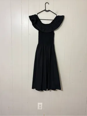 Hill House Home Akilah Nap Dress Black XXS Smocked Midi Off Shoulder Ruffle thumbnail 8