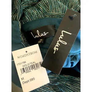 Lulus Ailey Gold and Teal Blue Skater Mini Dress Teal Blue M NWT thumbnail 6