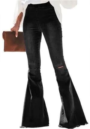 RISEN- Flare High Waist Black Pull On Distressed Vintage Look Raw Hem Jeans- S thumbnail 1