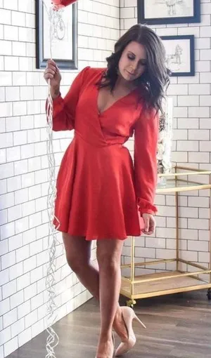 Express Satin Long Sleeve Surplice Fit and Flare Blouson mini Dress Red sz Small thumbnail 8