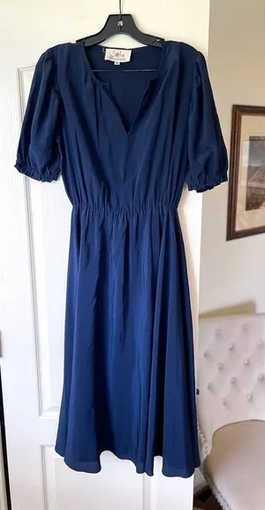 Soler ArossGirl Brooke Silk‎ Midi Dress Puff Sleeve 40s Style Chic Navy M EUC thumbnail 1