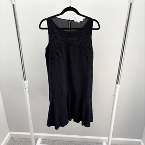 LOFT Navy Blue Sleeveless Embroidered Floral Lace Overlay Yoke Drop Waist Dress thumbnail 2