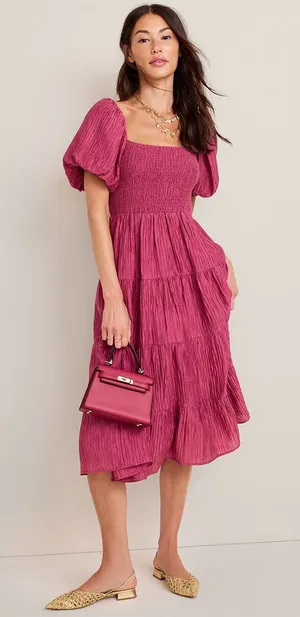 Stacey Puff Sleeve Smocked Rose Boho Midi Dress thumbnail 1