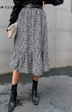 Shein Midi Skirt Floral Black White thumbnail 1