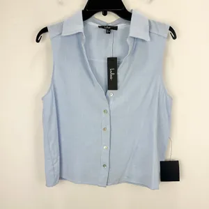 Lulus Casual Contentment Light Blue Linen Button-Up Collared Tank Top Medium NWT thumbnail 5