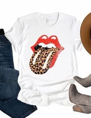 Bella Canvas White Short Sleeve Tee with Red Lips and Leopard Tongue Graphic thumbnail 1