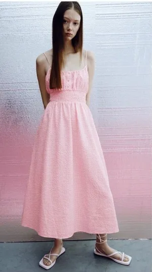 Zara Dress‎ Womens Medium Pink Gingham Smocked Waist Midi Summer Cotton thumbnail 1