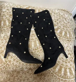 a new day Justice Black Suede likeKnee Boots with Gold Studs thumbnail 1