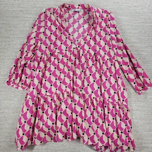 Zara Geometric Babydoll Dress Womens Medium Pink High Low Tunic Tiered Loose Fit thumbnail 5