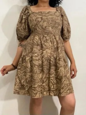 House Of Harlow Linen Blend Puff Sleeve Square Neck Swirl Babydoll Dress‎ Tan S thumbnail 1