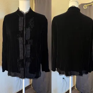 Chicos Black Silk Blend Velvet Beaded Lace Jacket Mandarin Collar Size 2‎ thumbnail 7