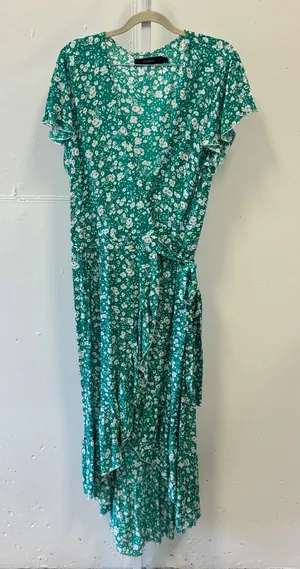 Zesica Green Floral Wrap Dress High Low Ruffle Short Sleeve Rayon Size‎ Large thumbnail 1