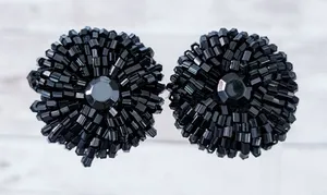 Vintage Clip On Earrings Large Black 1.25" Beaded Circle - One Damaged thumbnail 1