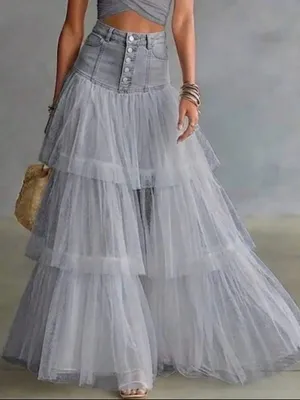 Elegant Tiered Tulle Maxi Skirt - Gray thumbnail 1