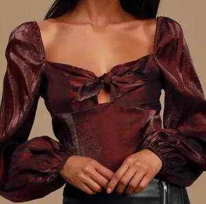 Lulus Chic Perspective Wine Red Satin Tie-Front Puff Sleeve Top thumbnail 1