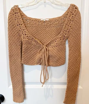 Tularosa Crochet Front Tie Cardigan Small Brown Boho Festival Open‎ Knit Beachy thumbnail 1