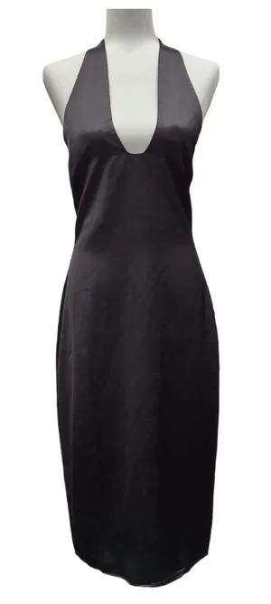 Jason Wu Black Satin Halter Plunging U-Neckline Midi Dress Medium Women’s thumbnail 1