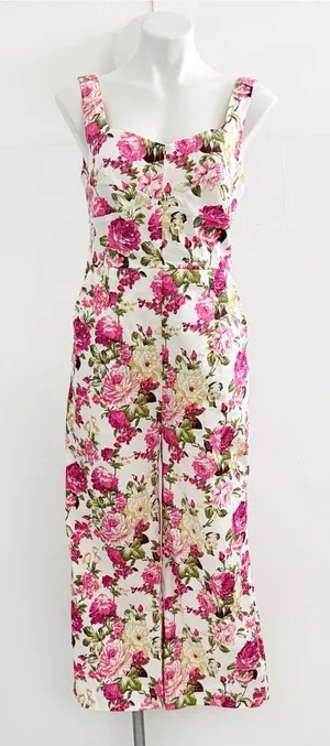 eesome Cream Floral Square-Neck Wide-Leg Jumpsuit with Pink Roses thumbnail 1