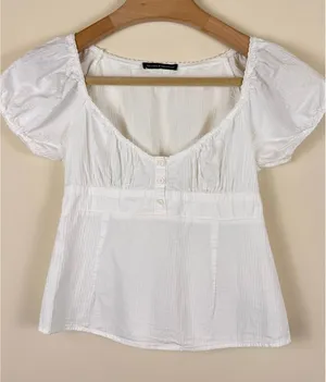 Brandy Melville Blair Top White Puff Sleeve Babydoll Button Front XS thumbnail 1