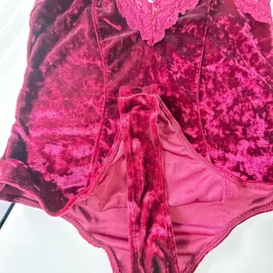 Bozzolo Burgundy Crushed Velvet Lace-Trim Bodysuit (Size L) ✨ thumbnail 7