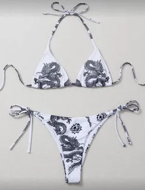 SHEIN White & Black Dragon Print Tie-Side Bikini Set thumbnail 1