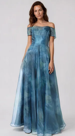 Rene Ruiz Blue-Green Off-the-Shoulder Organza A-Line Gown thumbnail 1