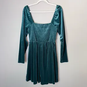 Gap Smocked Velvet Long Sleeve Square Neck Mini Party Dress Pine Green thumbnail 2