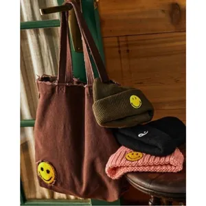 Urban Outfitters Smile Patch Distressed Canvas Brown Tote Bag thumbnail 2
