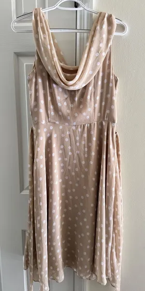 R&K‎ Womens Size 10 Polka Dot Midi Dress Cowl Neck Sleeveless Belted Tan thumbnail 1